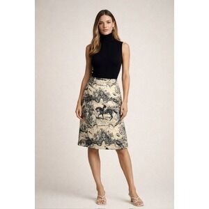 VTG Silk Club Women's Linen Toile Equestrian Skirt Size 10 Horse Print Old Money